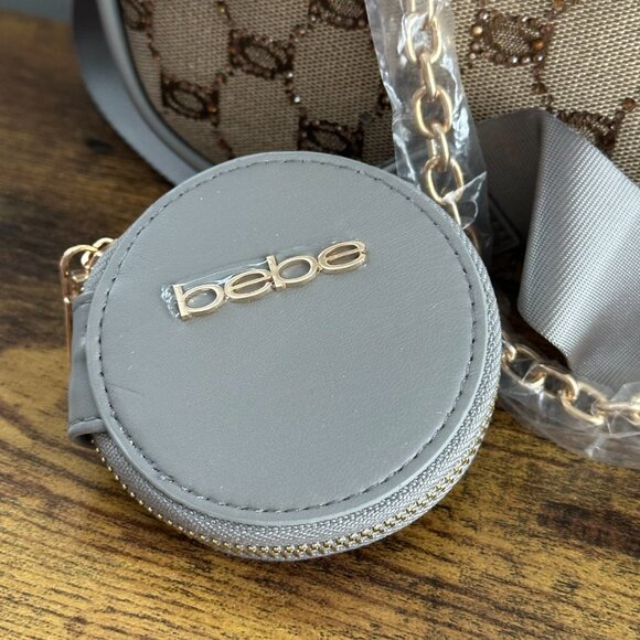New Bebe Brown Grey Shoulder Bag Crossbody Gold Chain Pouch Sparkly Rhinestones - Picture 3 of 6